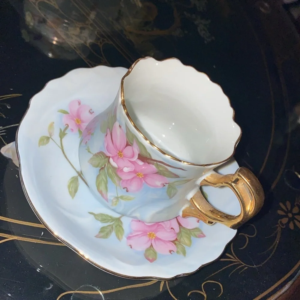 Antique 1989 Lefton China Hand Painted Cherry Blossoms Tea cup and saucer